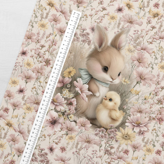 Silmkoeline trikotaažpaneel 40x50 cm – päikeselise jänku sõprus 250 g/m²