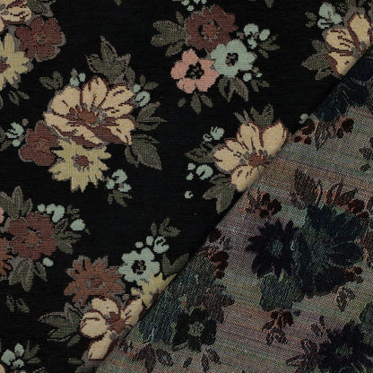 Tissu gobelin - fleurs avec accents dorés sur fond noir 420 g/m² – disponible chez Šarlotes audumi