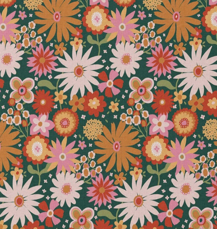 Premium 100% kokvilnas audums-puķes uz zaļa 115 g/m²