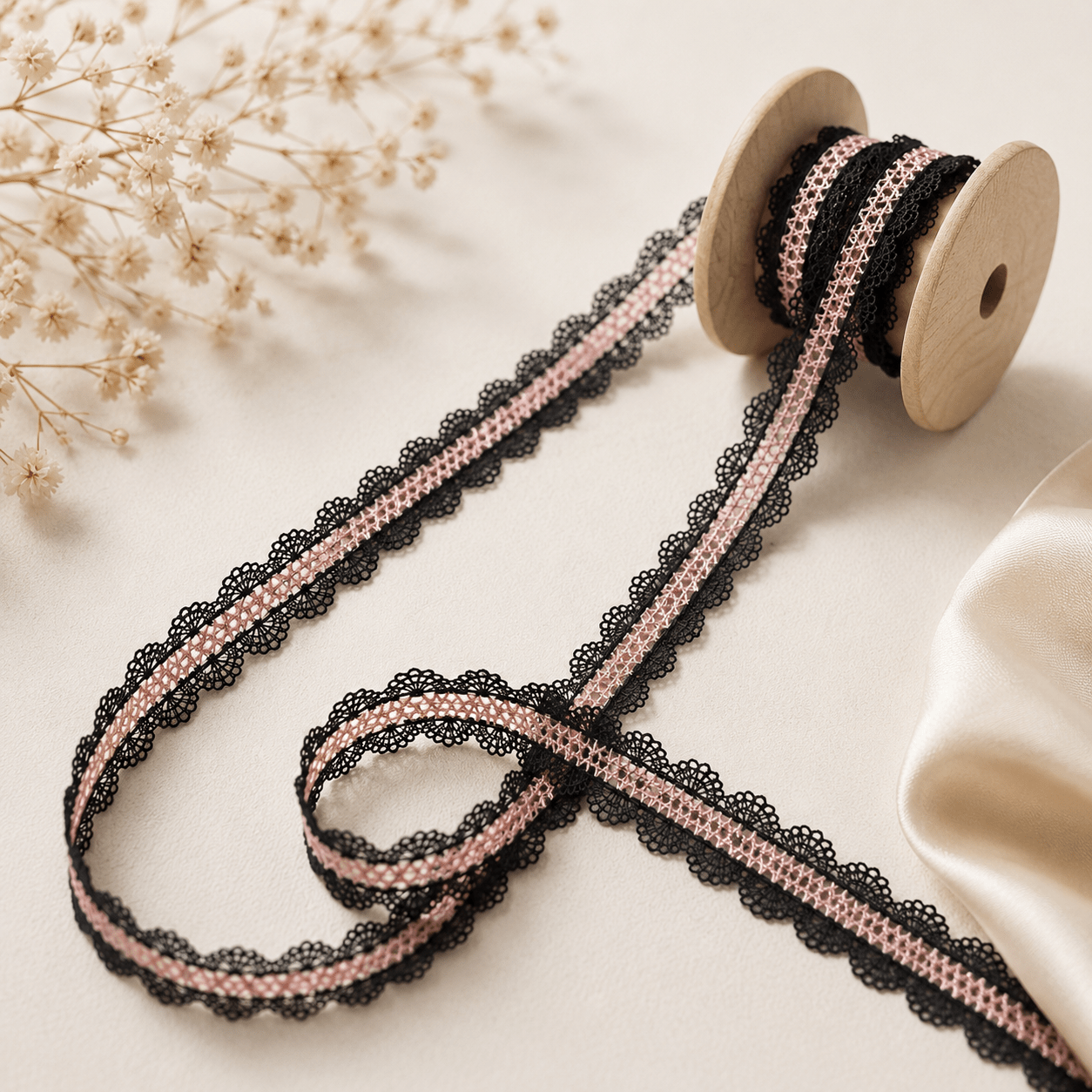 Pilt tikitud pitsist 2 cm - must roosa aktsendiga – saadaval Šarlotes audumi