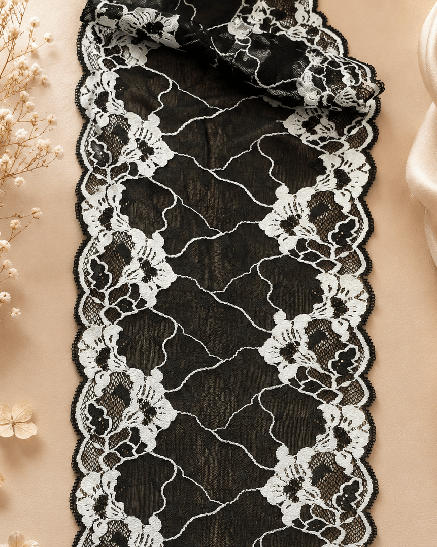 Embroidered lace 20 cm, black with white – available online Šarlotes audumi