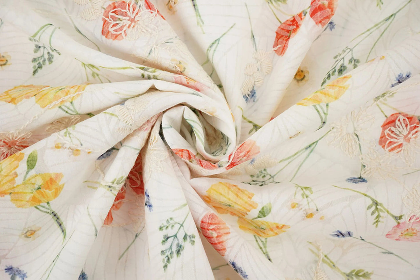 Image with embroidered cotton fabric - summer flowers 115 g/m² – available at Šarlotes audumi