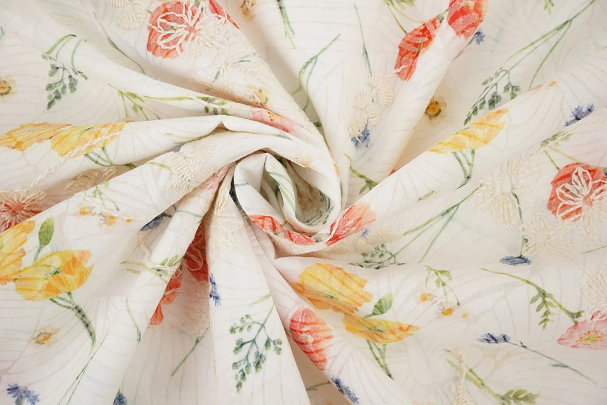 Image with embroidered cotton fabric - summer flowers 115 g/m² – available at Šarlotes audumi