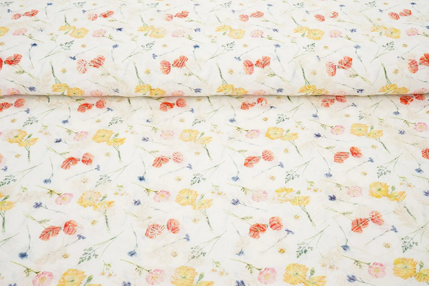 Image with embroidered cotton fabric - summer flowers 115 g/m² – available at Charlotte's Fabrics