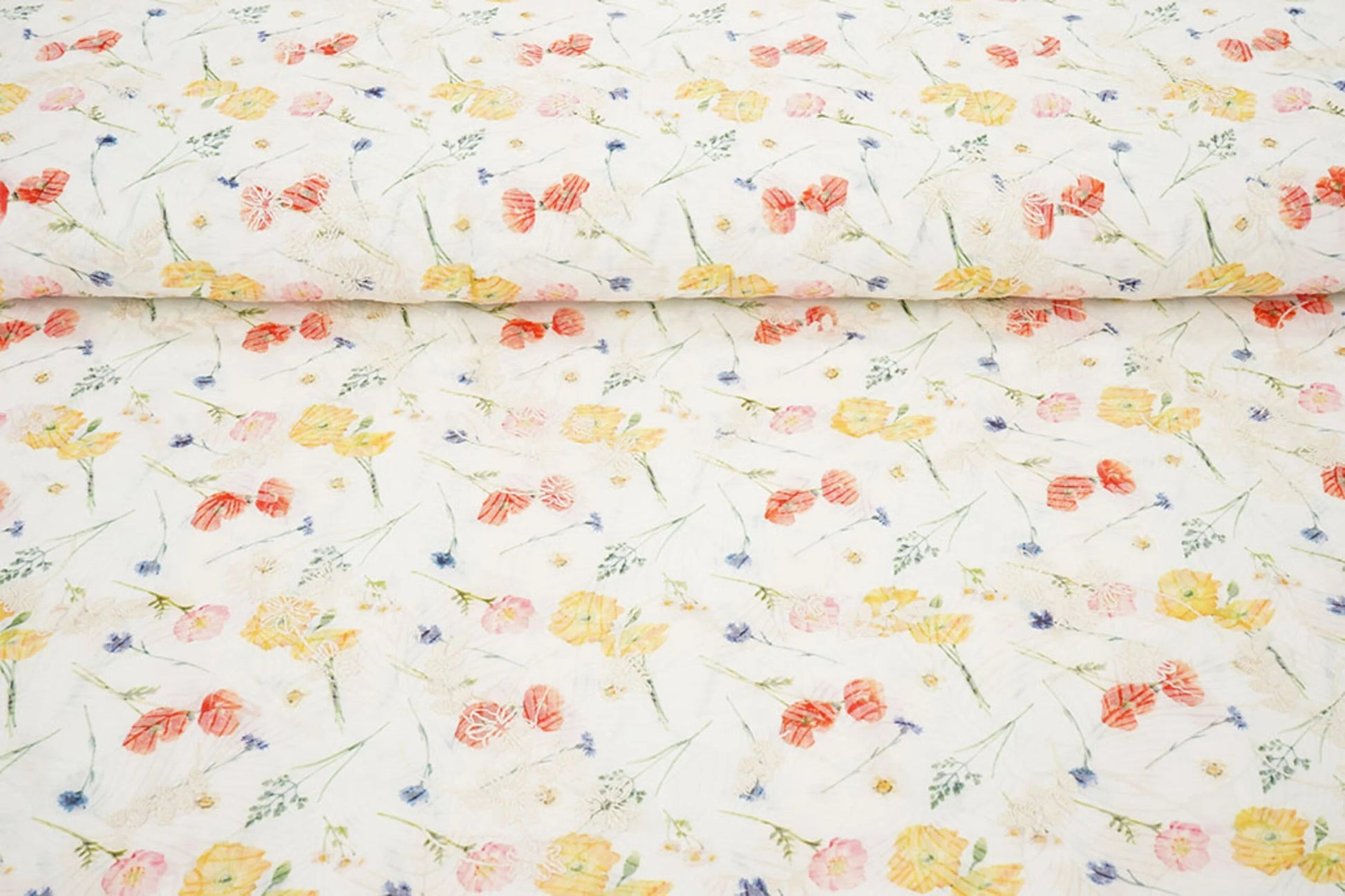 Image with embroidered cotton fabric - summer flowers 115 g/m² – available at Charlotte's Fabrics