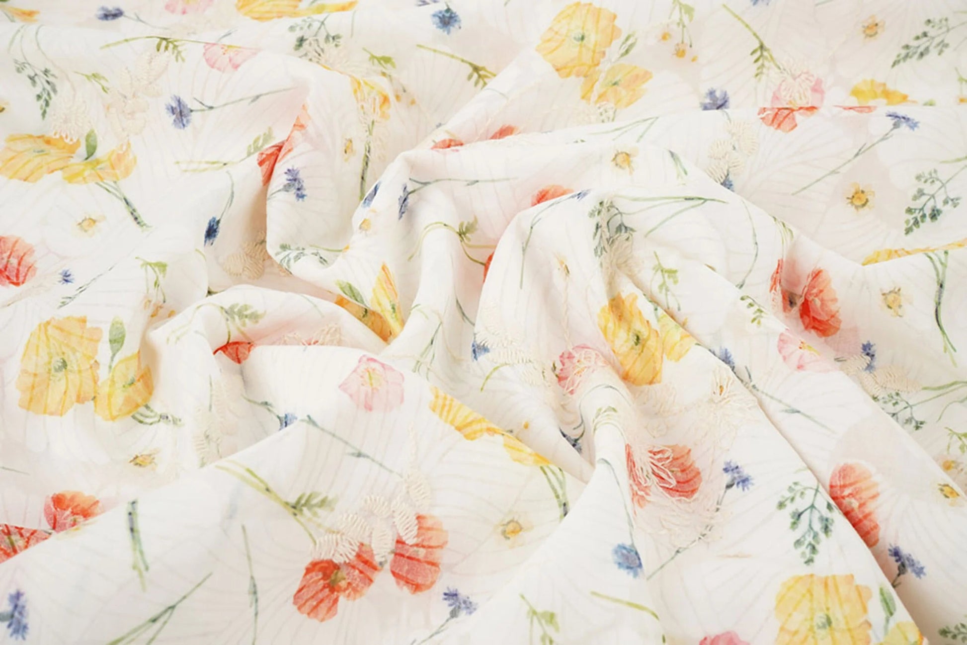 Image with embroidered cotton fabric - summer flowers 115 g/m² – available at Šarlotes audumi