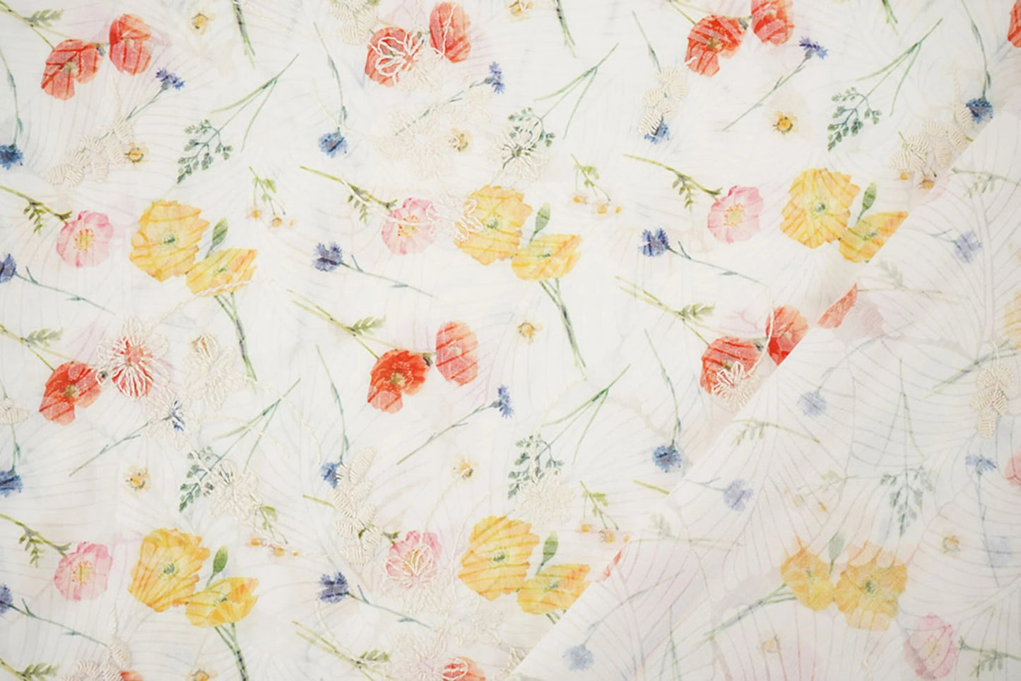 Image of embroidered cotton fabric - summer flowers 115 g/m² – available from Šarlotes audumi