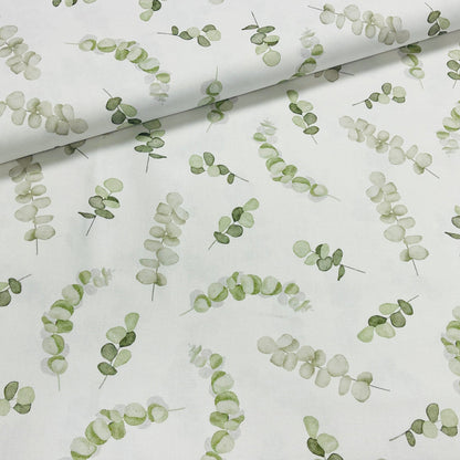 Tissu canvas - eucalyptus sur fond blanc 225 g/m²