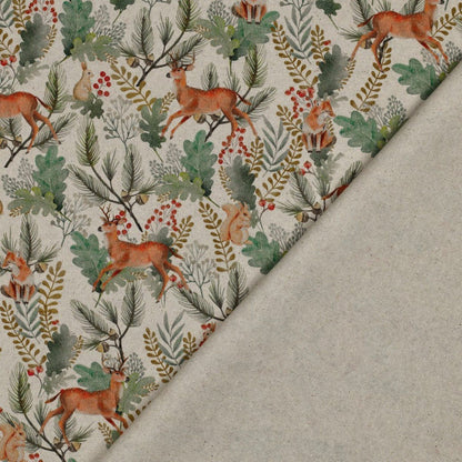 Canvas fabric with forest animals in oak leaves – available online at Šarlotes audumi