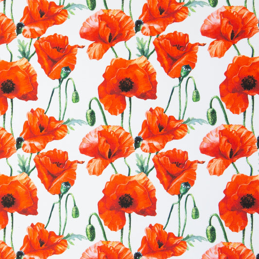 Canvas fabric with red poppy pattern on a white background 210 g/m² – available at Charlotte’s Fabrics
