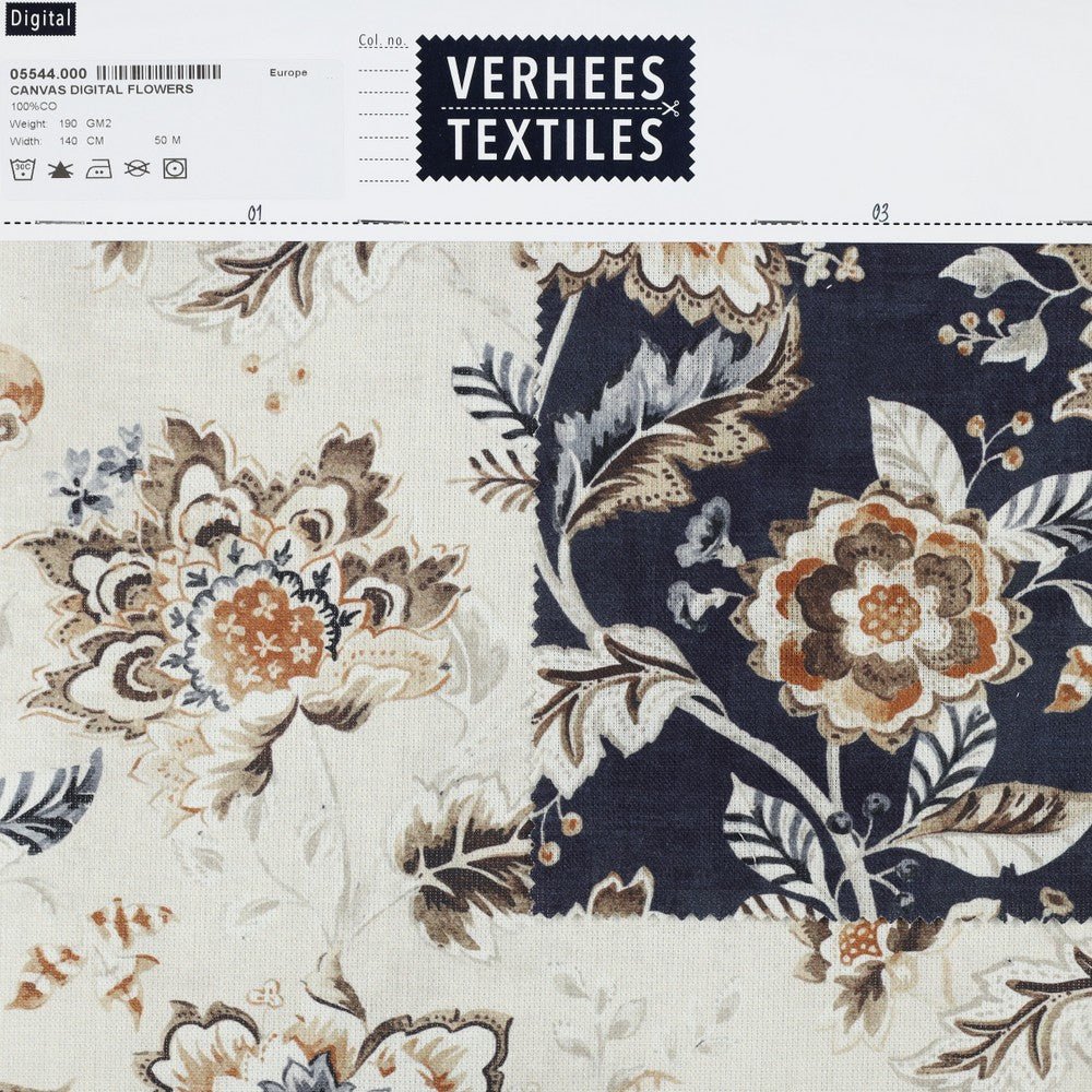 Attēls ar Kanvas audums - ziedi uz tumši zila fona 190 g/m² – pieejams Šarlotes audumi