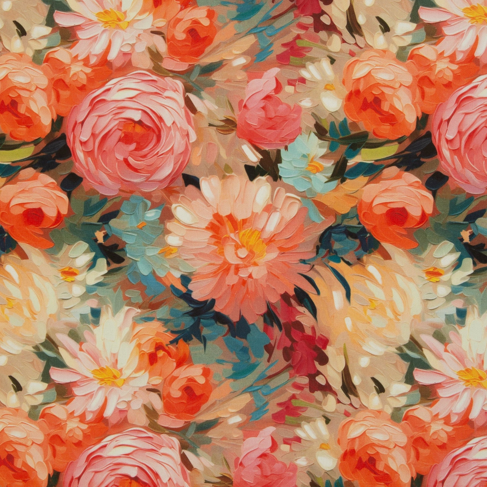 Image of canvas fabric floral painting in pink and coral tones 250 g/m² – available at Šarlotes audumi