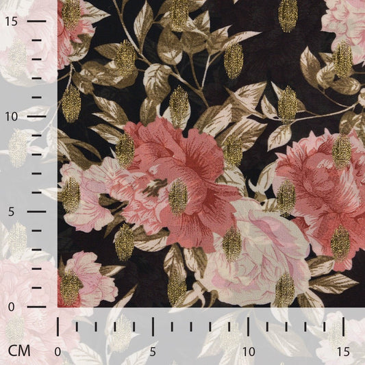 Image with dress fabric with gold accents, flowers on black – available online at Šarlotes audumi