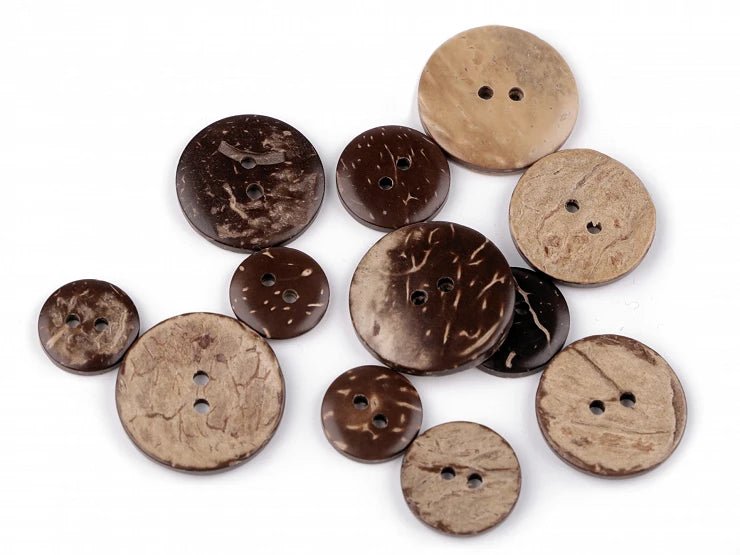 Image of a 15 mm coconut button with two holes – available online at Charlotte Fabrics