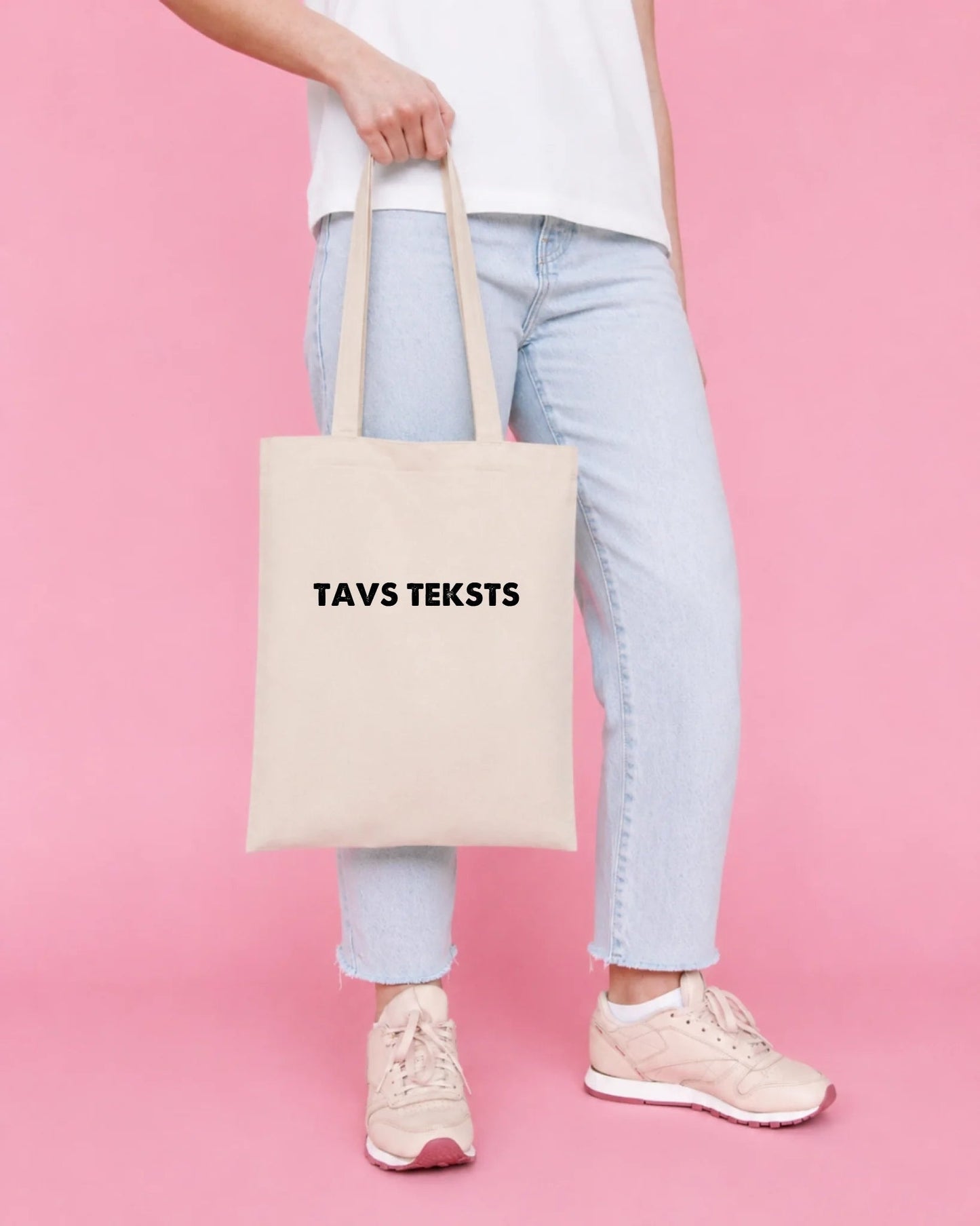 Cotton fabric bag with personalized text, available online at Šarlotes audumi