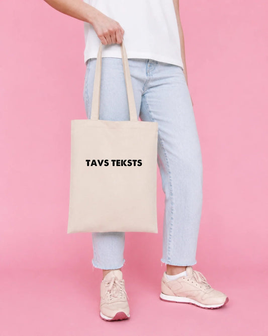 Cotton fabric bag with personalized text, available online at Šarlotes audumi