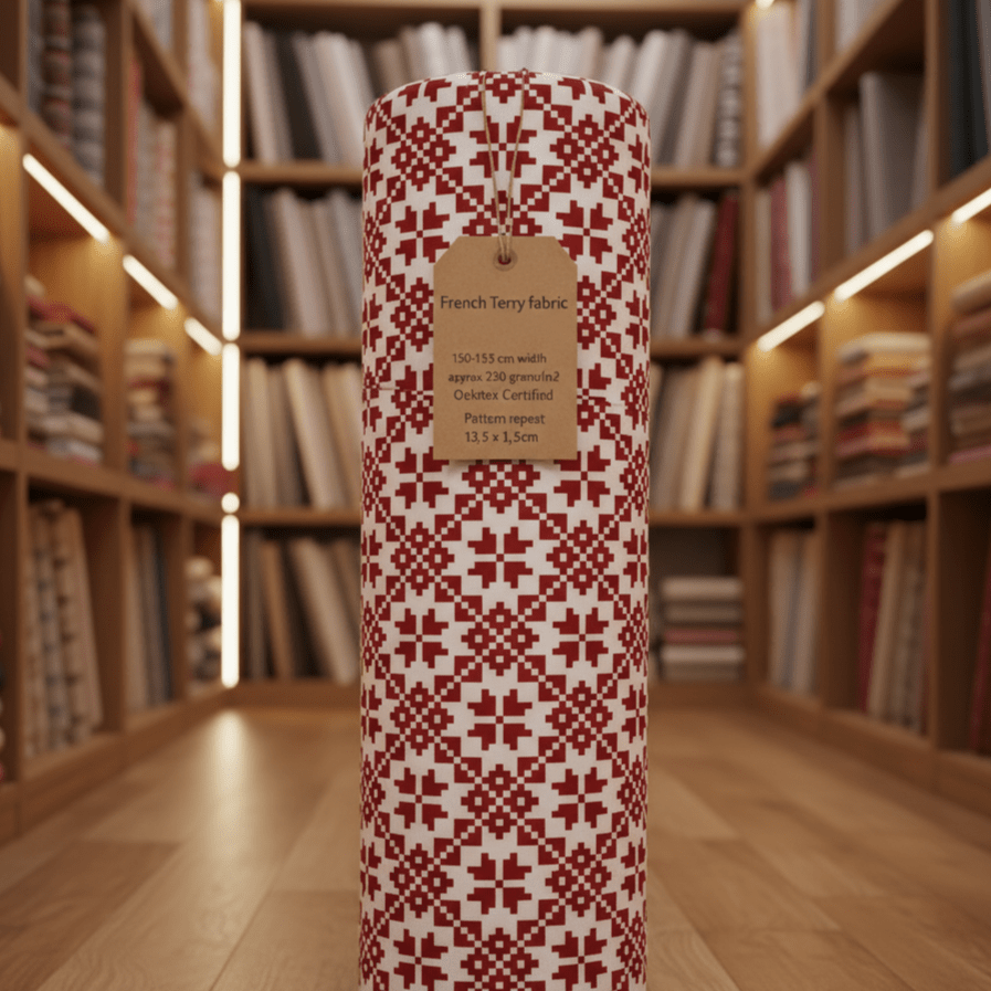 Attēls ar Kokvilnas cilpiņtrikotāža - auseklīšu raksts uz karmīnsarkana fona 250 g/m² – pieejams Šarlotes audumi