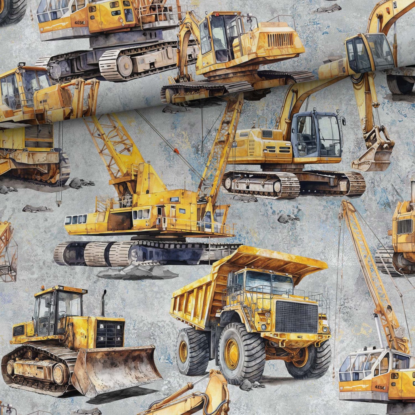 Image of cotton loop-knit heavy-duty dump trucks in a quarry – available online at Charlotte Fabrics