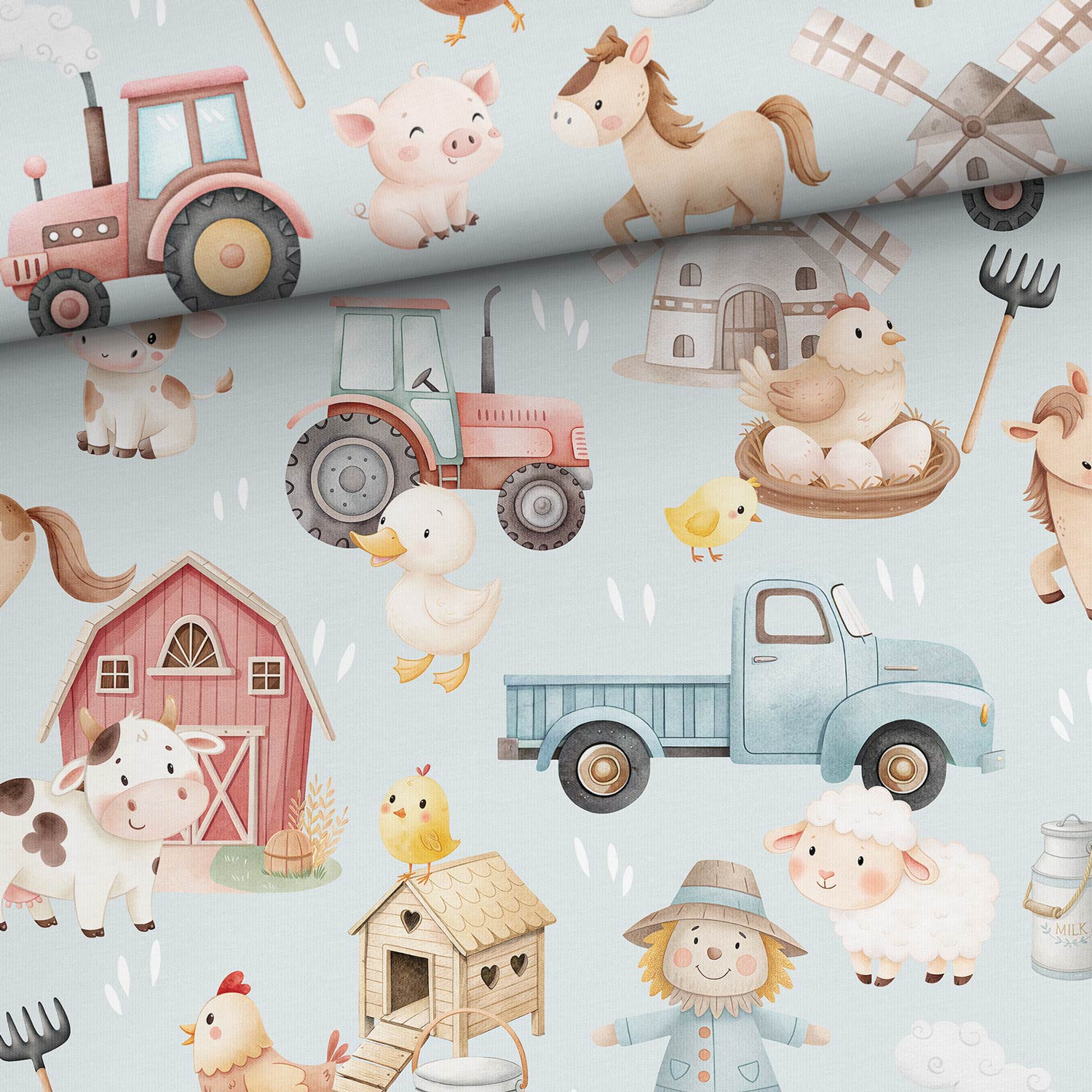 Attēls ar Kokvilnas cilpiņtrikotāža - raibā fermas dzīve uz gaiši zilā fona 250 g/m² | Dizains - 03 – pieejams Šarlotes audumi