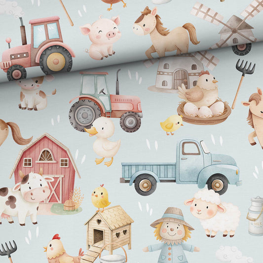 Attēls ar Kokvilnas cilpiņtrikotāža - raibā fermas dzīve uz gaiši zilā fona 250 g/m² | Dizains - 03 – pieejams Šarlotes audumi