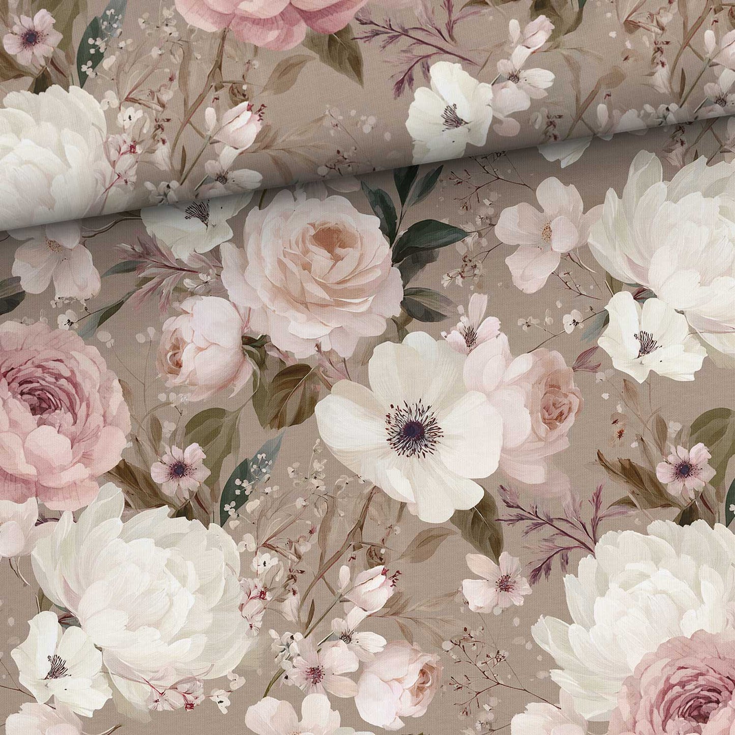 Cotton loopback knit with romantic flowers on a brown background – available online at Šarlotes audumi