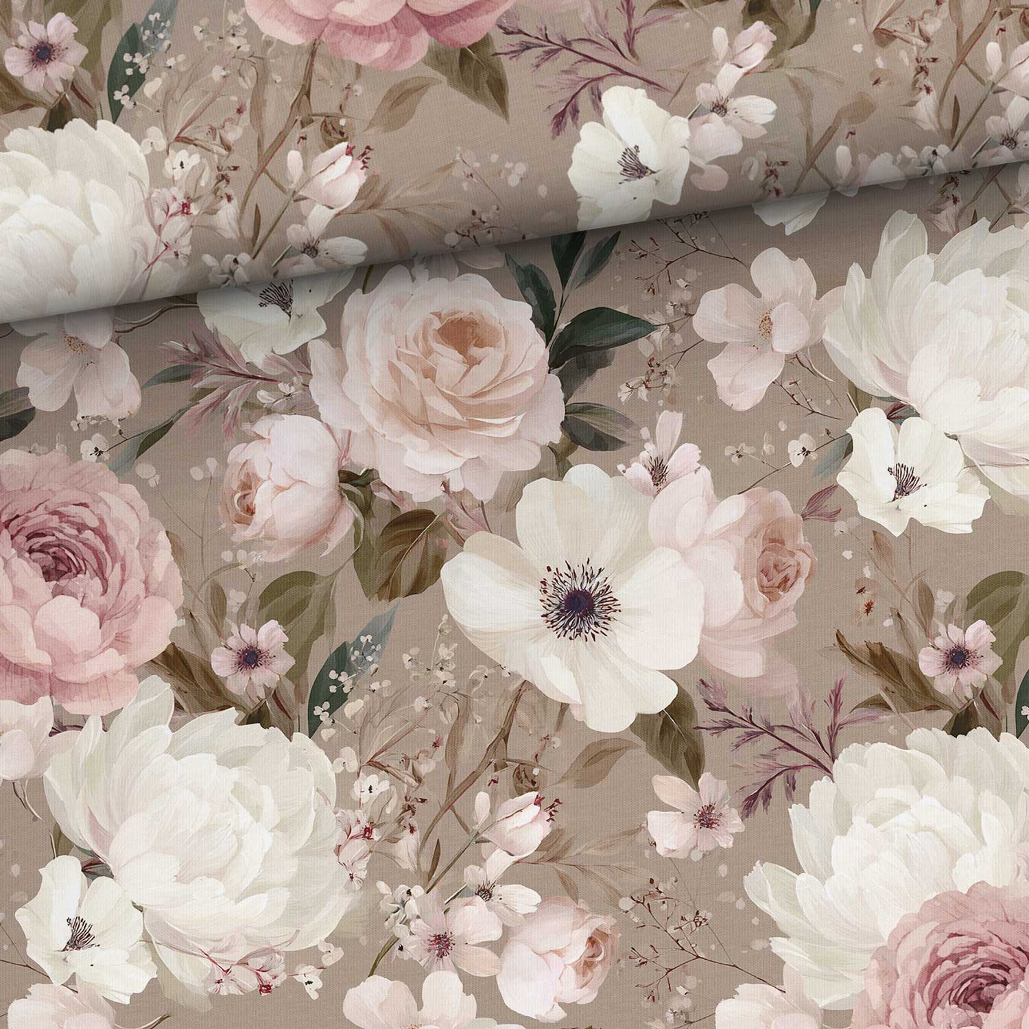 Cotton loopback knit with romantic flowers on a brown background – available online at Šarlotes audumi