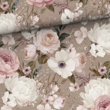 Cotton loopback knit with romantic flowers on a brown background – available online at Šarlotes audumi