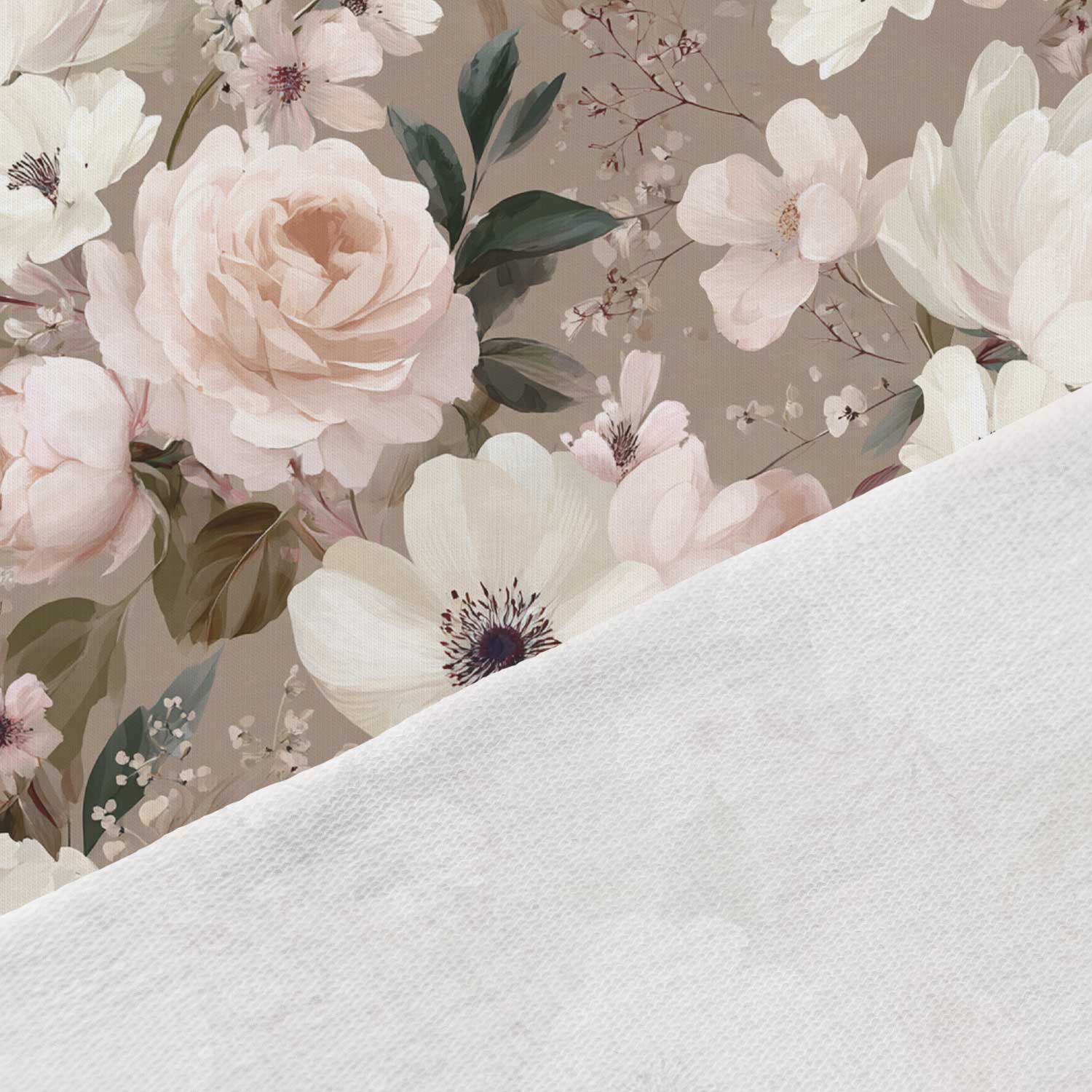 Image of cotton loop-knit fabric with romantic flowers on a brown background—available online at Šarlotes audumi