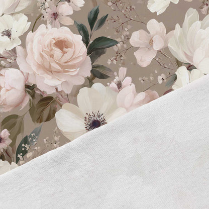 Image of cotton loop-knit fabric with romantic flowers on a brown background—available online at Šarlotes audumi