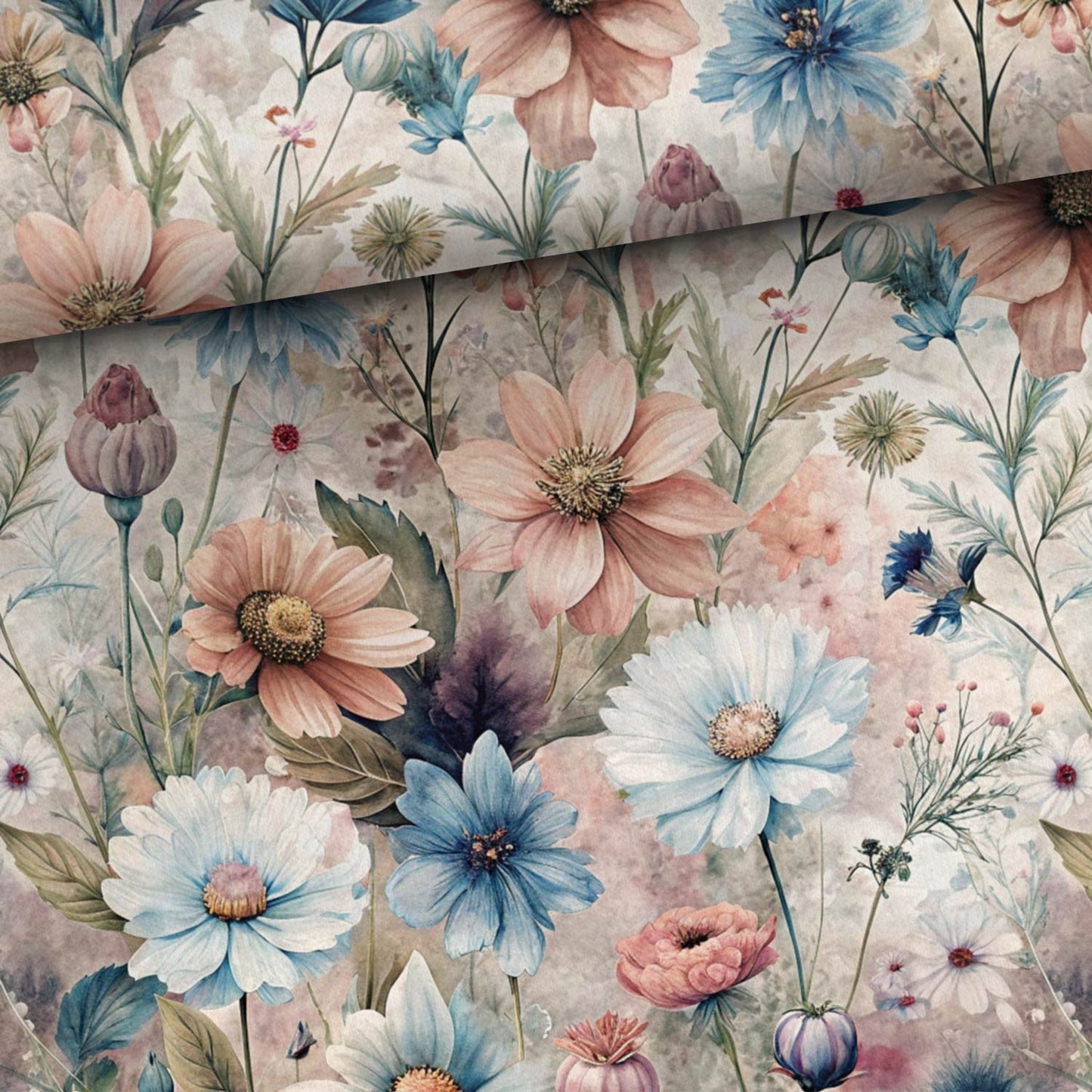 Attēls ar Kokvilnas cilpiņtrikotāža - sapņainā pavasara ziedu pļava 250 g/m² – pieejams Šarlotes audumi