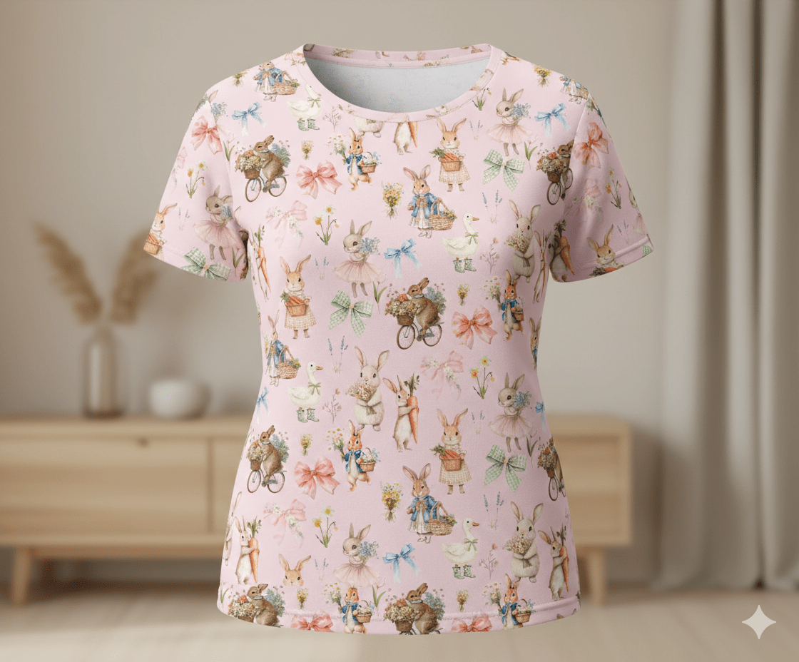 Attēls ar Kokvilnas cilpiņtrikotāža - trusīši uz rozā fona 250 g/m² – pieejams Šarlotes audumi