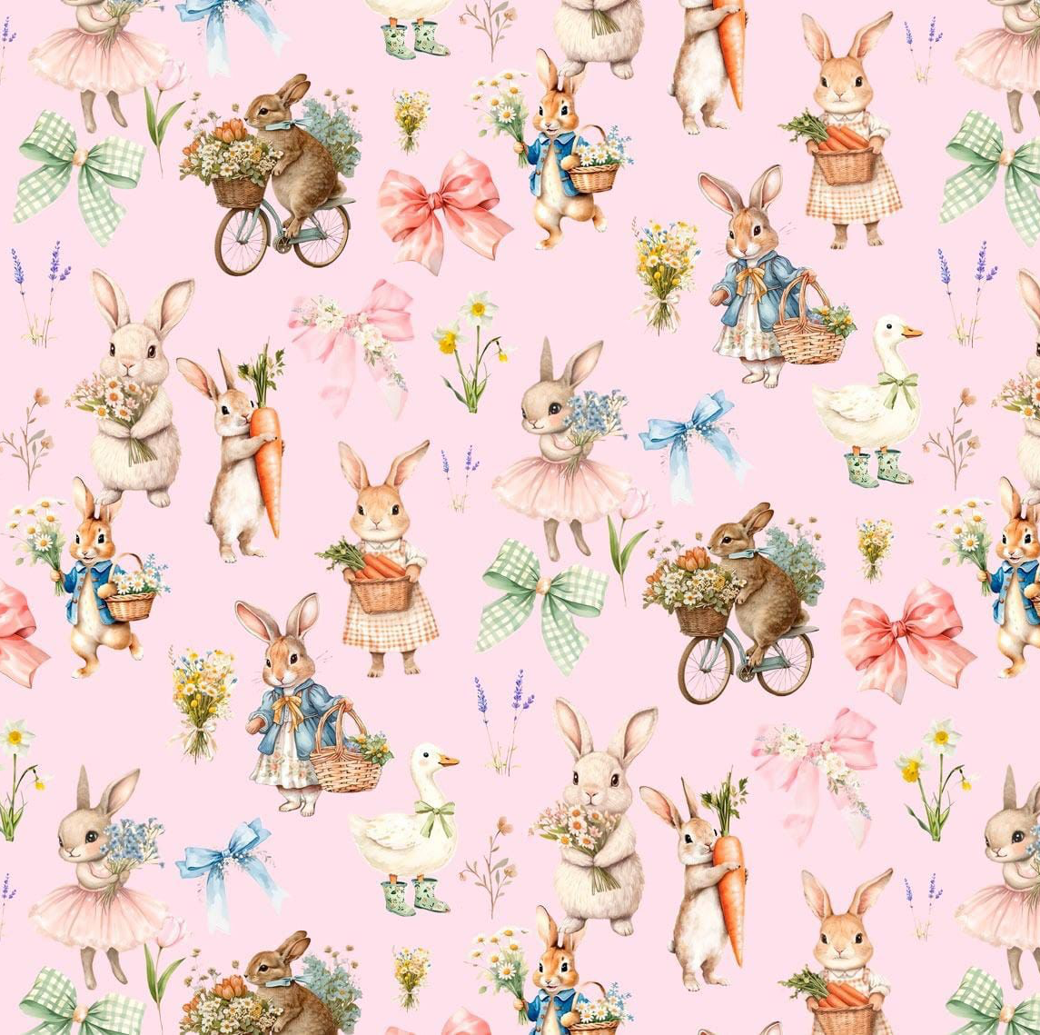 Attēls ar Kokvilnas cilpiņtrikotāža - trusīši uz rozā fona 250 g/m² – pieejams Šarlotes audumi