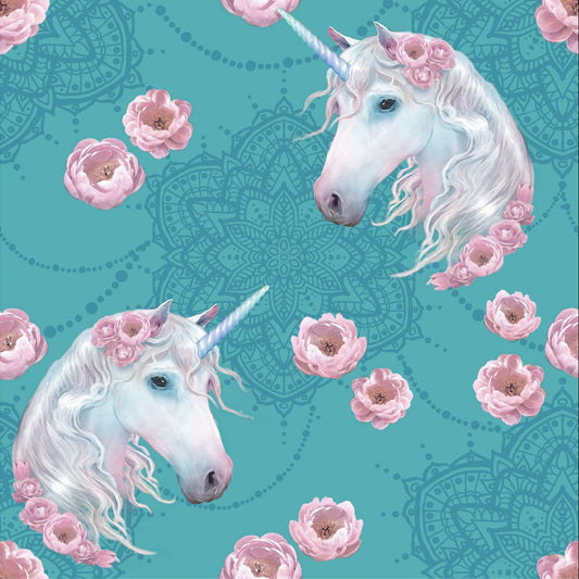 Image of unicorns on mint cotton loopback knit – available online at Charlotte's Fabrics