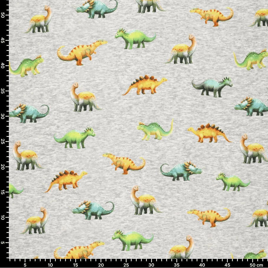 Pilt puuvillase soojustusega trikookangast | Alpen fliis-dinosaurused hallil – saadaval veebis Šarlote kangad
