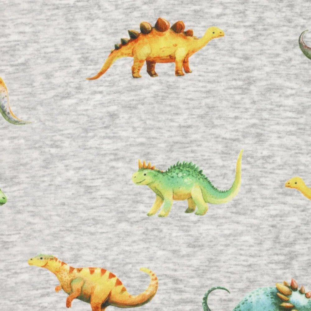 Pilt puuvillase soojustusega trikookangast | Alpen fliis-dinosaurused hallil – saadaval veebis Šarlote kangad