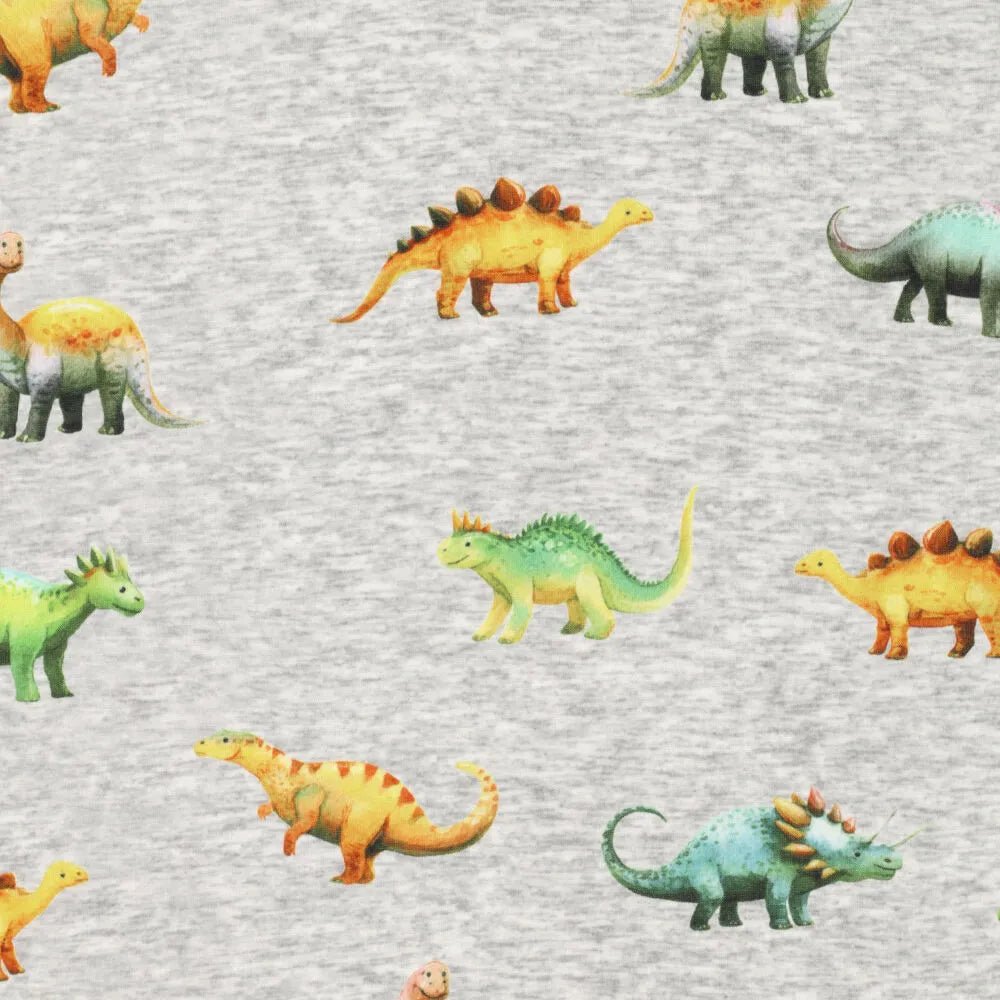 Pilt puuvillase soojustusega trikookangast | Alpen fliis-dinosaurused hallil – saadaval veebis Šarlote kangad