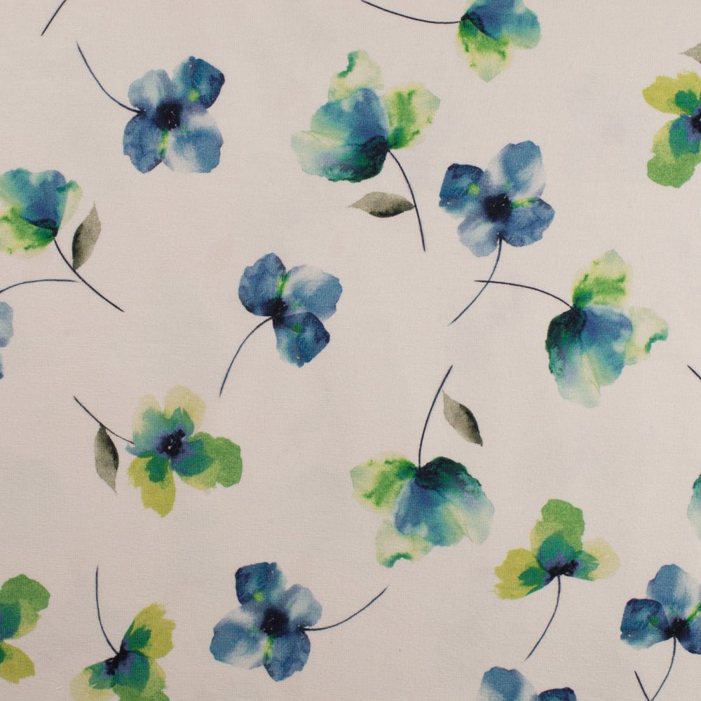 Image of cotton knit fabric with sky-blue flowers – available online at Charlotte Fabrics