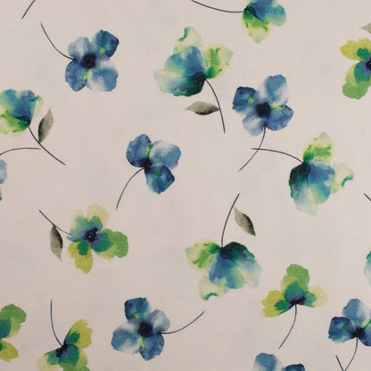 Image of cotton knit fabric with sky-blue flowers – available online at Charlotte Fabrics