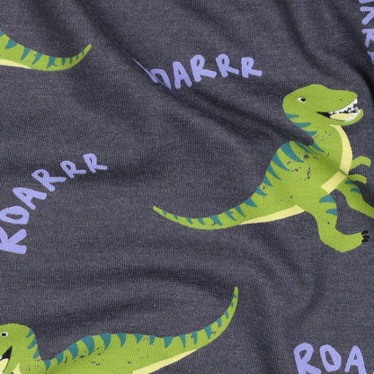 Puuvillane trikotaaž - dinosaurid hallil melange'il 200 g/m²