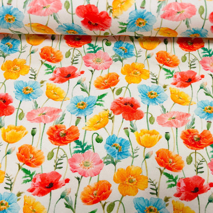 Jersey de coton - coquelicots colorés sur fond blanc 250 g/m²