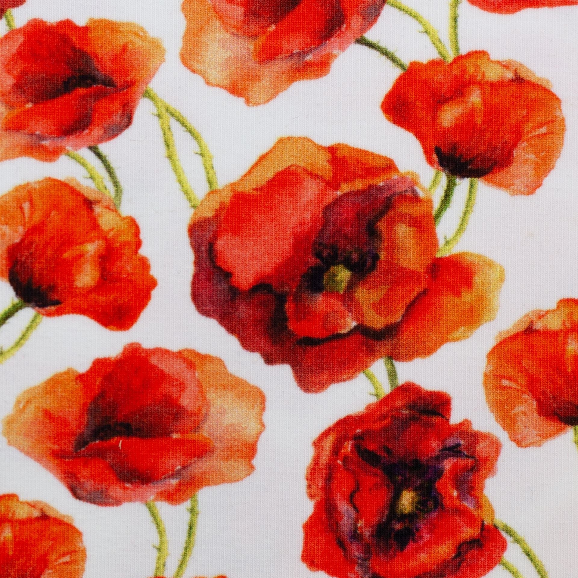 Cotton jersey with poppies 210 g/m² – available online at Šarlotes audumi