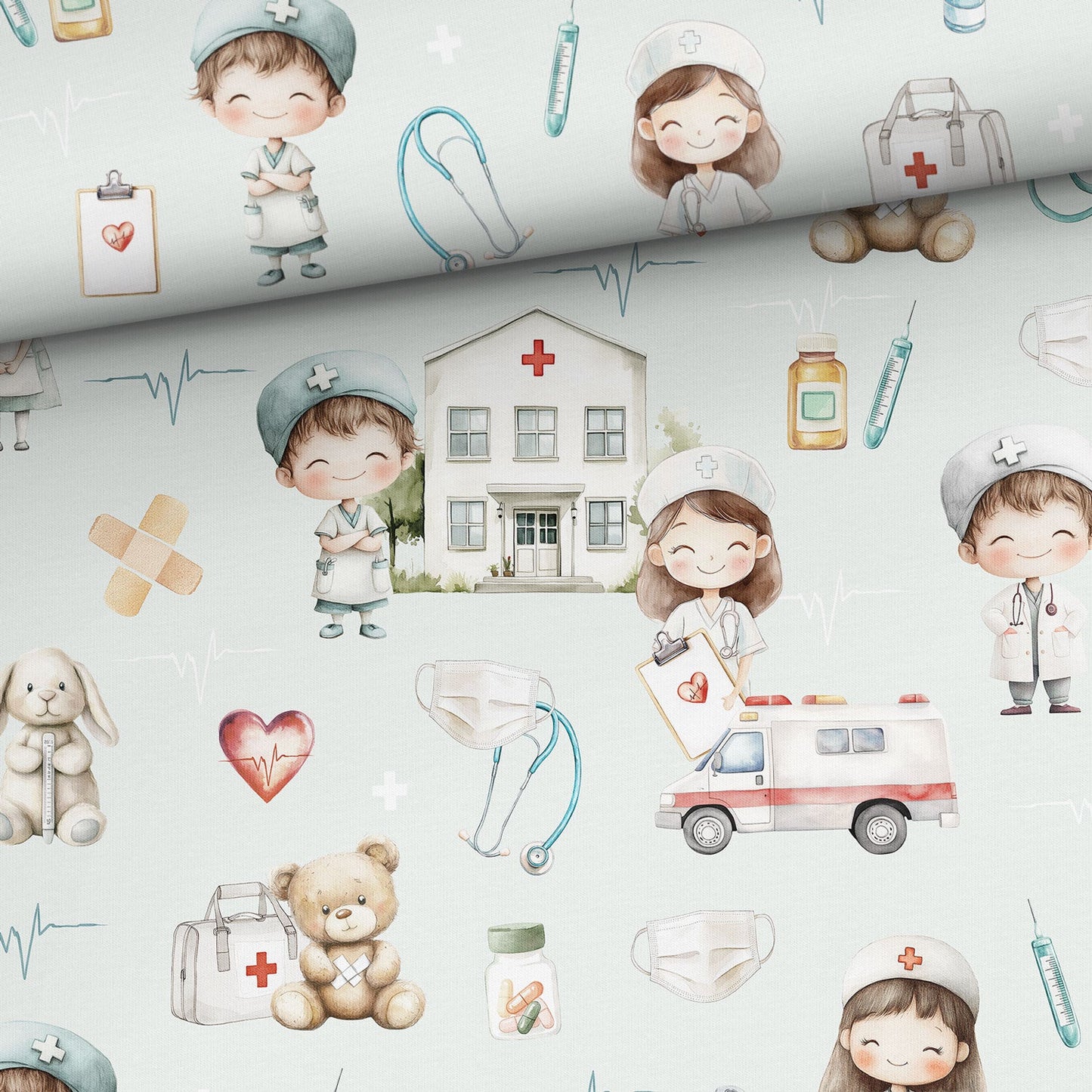 Attēls ar Kokvilnas trikotāža - mazie ārsti 200 g/m² – pieejams Šarlotes audumi