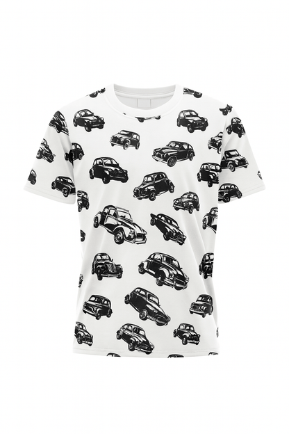 Cotton knit fabric - black cars on a white background 200 g/m²