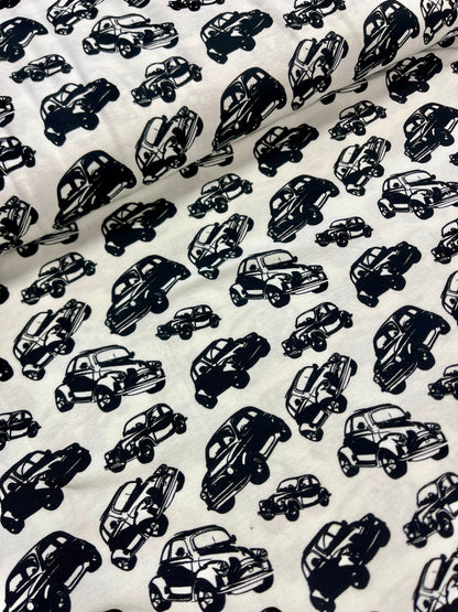 Cotton jersey - black cars on a white background 200 g/m²