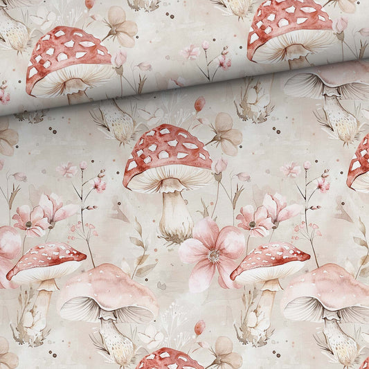 Attēls ar Kokvilnas trikotāža - sēnes ziedos 200 g/m² – pieejams Šarlotes audumi