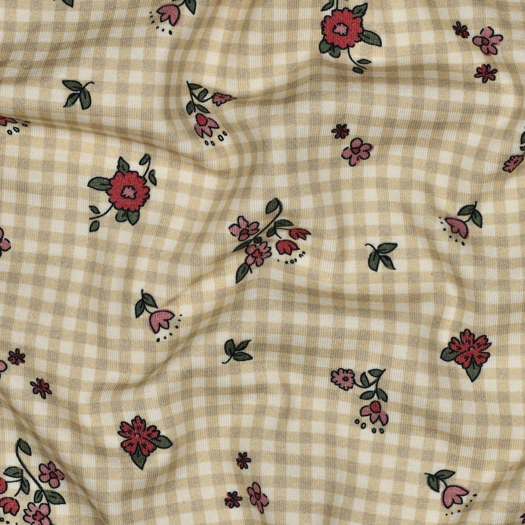 Attēls ar Kokvilnas trikotāža - smalki ziediņi uz rūtaina fona 220 g/m² (GOTS sert.) – pieejams Šarlotes audumi