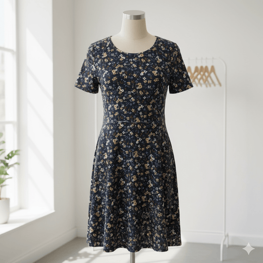 Attēls ar Kokvilnas trikotāža - smalki ziediņi uz tumši zila 200 g/m² – pieejams Šarlotes audumi