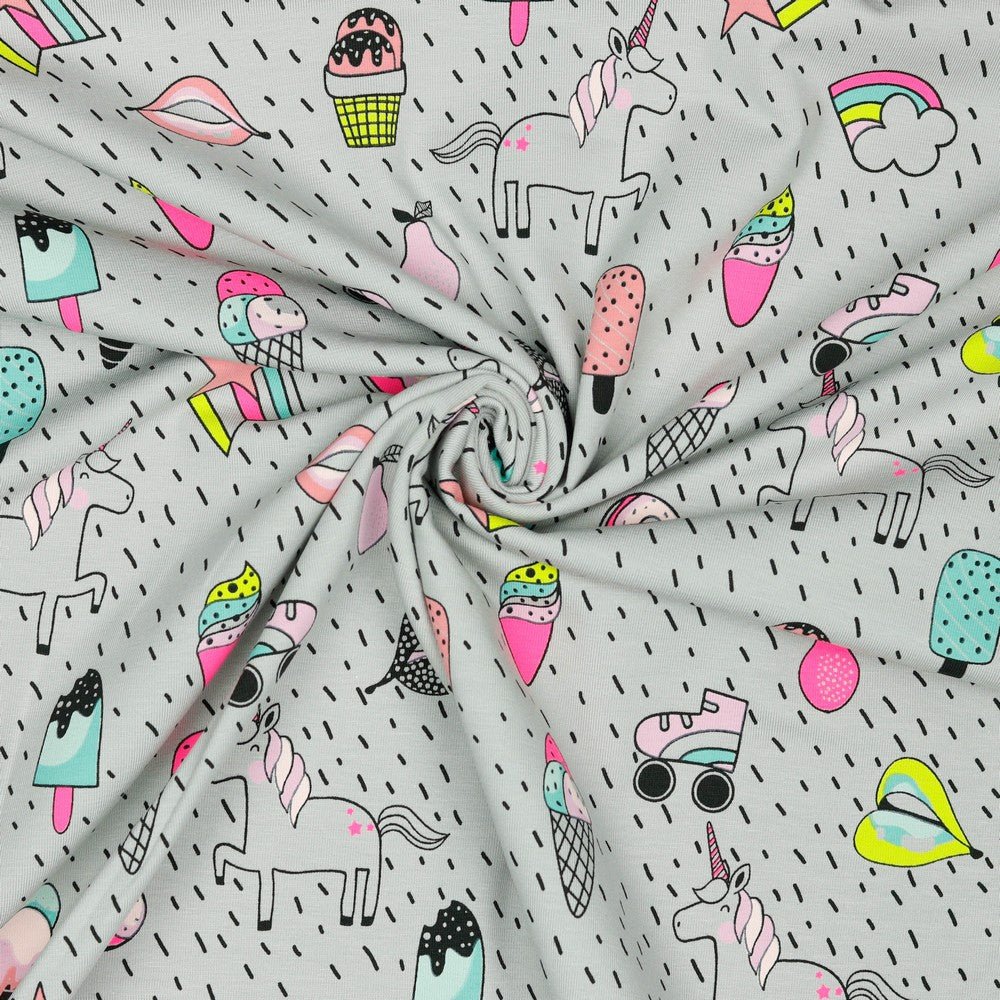 Attēls ar Kokvilnas trikotāža-vienradžu ballīte 200 g/m² – pieejams Šarlotes audumi