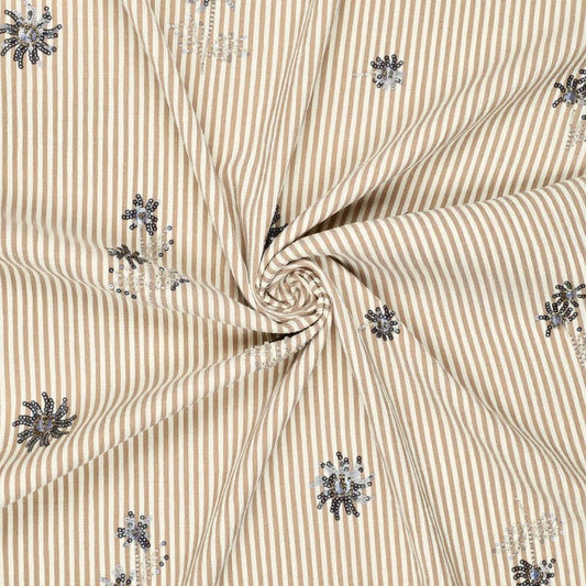 Image d’un tissu pour chemise avec élasthanne - rayé beige avec perles brodées 135 g/m² – disponible chez Šarlotes audumi