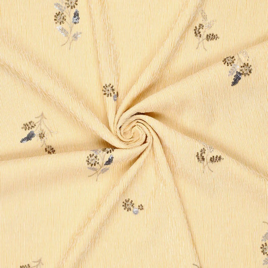 Image de tissu pour chemise avec élasthanne - jaune rayé avec perles brodées 135 g/m² – disponible chez Šarlotes audumi